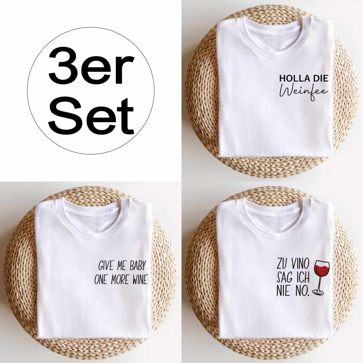 3 Bügelbilder: Zu Vino sag ich nie no, Give me baby one more wine, Holla die Weinfee